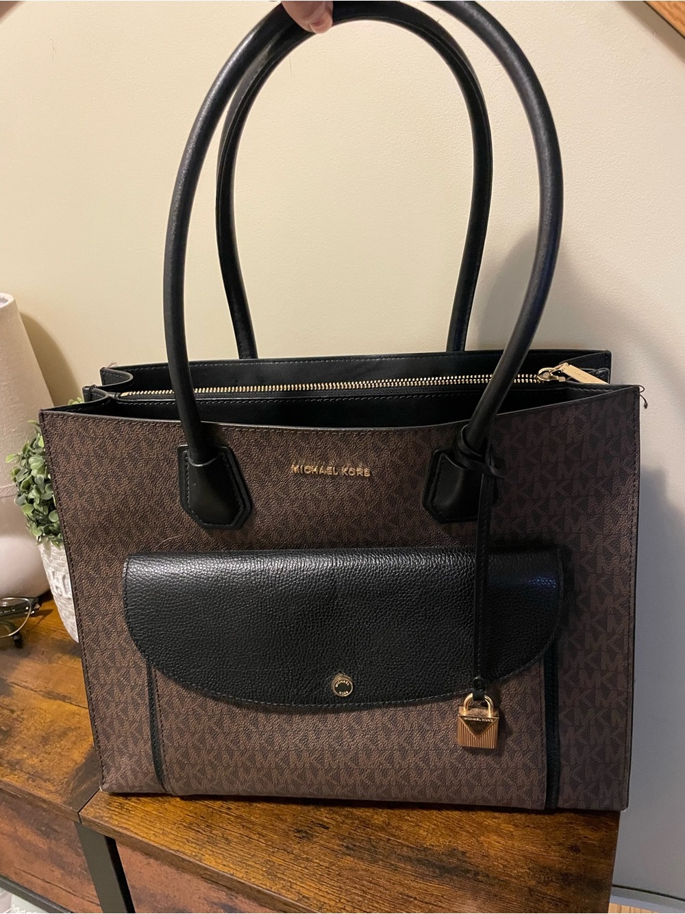 Michael Kors Brown and Black Signature Leather-Trim Tote